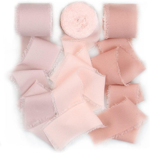 SHUNSTONE Mixed Pink Chiffon Ribbon Fringe Silk Ribbon 1.5" x 7Yd Dusty Rose Mauve Ribbon for Wedding Decoration, Gift Wrap, Invitation, Greeting ...