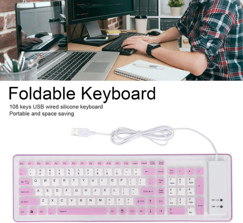 Foldable Silicone Keyboard, 103 Keys Wired Bluetooth Waterproof Rollup Keyboard, Mute Flexible Soft Rubber Keyboard, Space Saving, for PC Notebook...