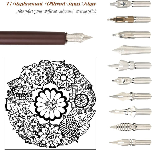 hhhouu Calligraphy Set for Beginners Quill Pen and Ink Set Fancy Pens with Black Ink and 11 Nibs for Lettering,Drawing, Journaling, Signing, Invit...