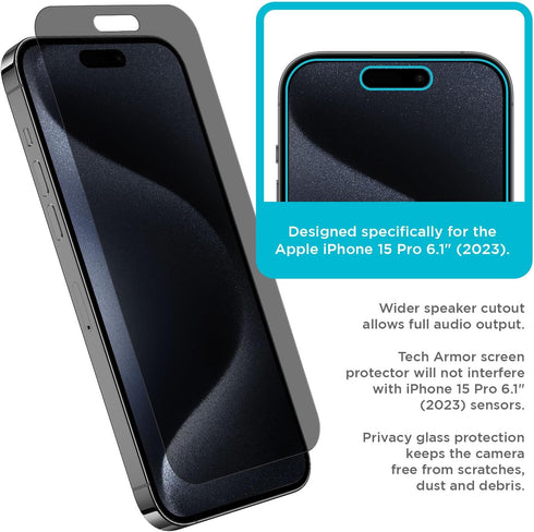 Tech Armor Privacy Screen Protector for iPhone 15 Pro 6.1 inch - Ballistic Tempered Glass, Anti-Spy, Case Friendly, Easy Installation, Bubble Free...