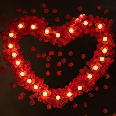 LANKER 500 PCS Red Artificial Rose Petals with 24 PCS Flickering Amber Yellow Flameless Tea Lights Candles for Valentine's Day and Romantic Occasi...