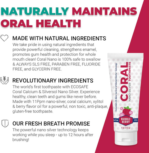 Coral Nano Silver Bubble Berry Kids Toothpaste, Natural Fluoride Free Teeth Whitening Toothpaste, Coral Calcium Nano Silver Infused SLS Free - 4 O...