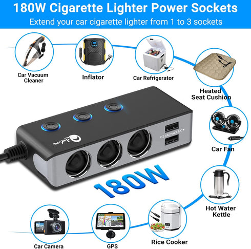 Quick Charge 3.0 Cigarette Lighter Splitter, Qidoe 3 Socket 180W Cigarette Lighter Adapter with 4 USB Fast Charging, DC 12V/24V Cigarette Outlet L...