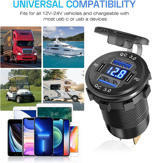 2Pcs 12V/24V Outlet with Voltmeter& ON/Off Switch, Quick Charge 3.0 Dual USB Power Outlet, Waterproof Fast Charge USB Charger Socket DIY Kit for C...