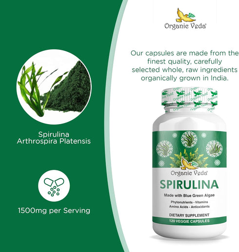 Organic Veda - Spirulina Capsules, Made with Blue Green Algae, Natural Spirulina Green Superfood Capsules, Supports Immune System, 120 Veggie Caps...