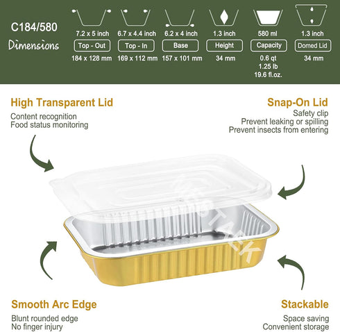 7x5 Sturdy Foil Pans + Snap-On Lids (5 Pack) | 2X Thicker Heavy Duty Reusable Foil Tins 20oz | Grill Oven Microwavable Multi-Use Pan, Pot| Disposa...