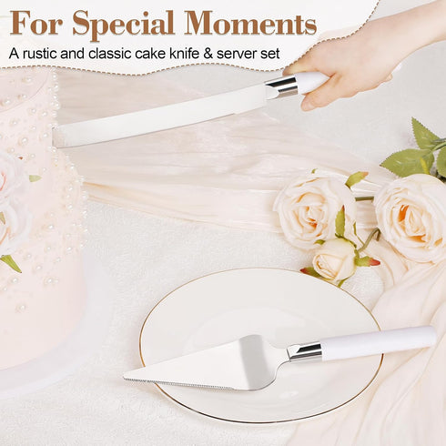 Cake Cutting Set for Wedding, Wood Cake Knife and Server Set, Vintage 2-Piece Pie Cake Cutter, White Pizza Dessert Utensils Bridal Anniversary Bir...