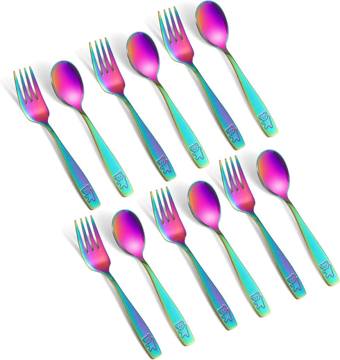 Pimoys 12 Pieces Toddler Utensils Kids Rainbow Silverware Set, Stainless Steel Childrens Safe Forks and Spoons, Metal Kids Cutlery Set, Dishwasher...