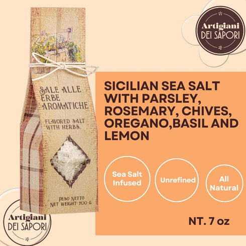 Sicilian Sea Salt with Aromatic Herbs, 7 oz, All-Natural Unrefined Flavored Sea Salt with Parsley, Rosemary, Chives, Oregano,Basil and Lemon, Arti...
