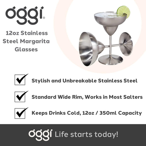 Oggi Stainless Steel Margarita Glasses - 12oz, Set of 2 - Unbreakable Margarita Glasses, Ideal Outdoor Margarita Glasses for Boating, RV, Parties,...