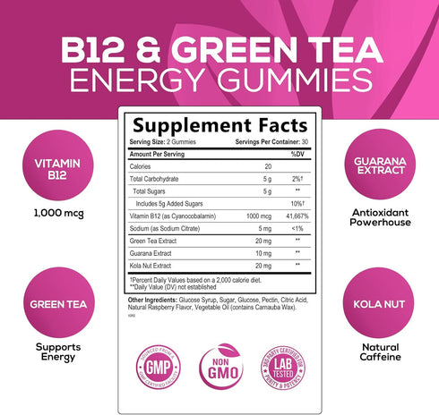 Energy Gummies Vitamin B12, Green Tea & Natural Caffeine, Extra Strength 1000 mcg Daily Energy Vitamins, Delicious Raspberry Flavor Gummy Chewable...