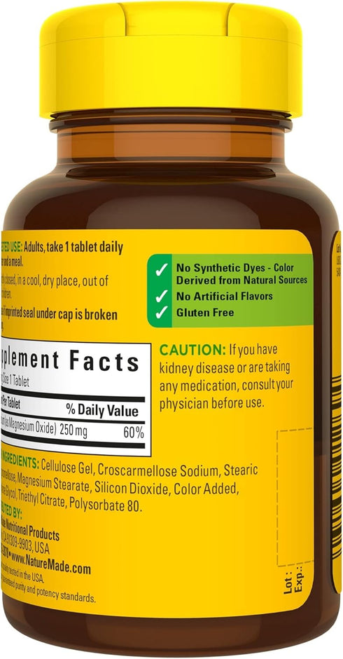 Nature Made Magnesium Oxide 250 mg, Magnesium Supplement for Muscle, Heart, Bone and Nerve Health Support, 100 Tablets, 100 Day Supply...