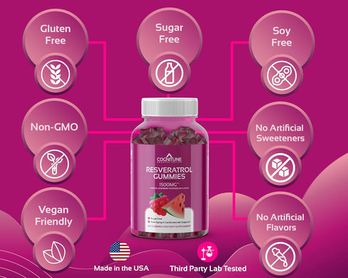 Resveratrol Gummies - Sugar Free Natural Raspberry Watermelon Flavor, 1500mg Resveratrol Supplement for Heart, Brain, Immune Support & Wellness, P...