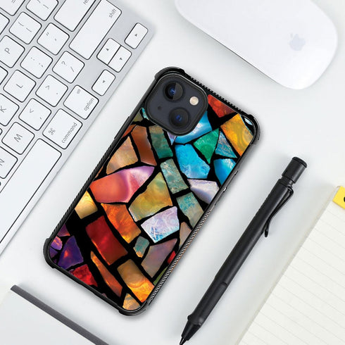 ZHEGAILIAN Case Compatible with iPhone 15 Case,stained glass mosaic fiesta fun Cases, Tempered Glass Back+Soft Silicone TPU Shock Protective Case ...