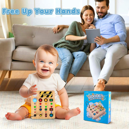 HONGDDY Busy Board Montessori Toys for Toddler, Wooden Sensory Board Switch Toy with Shape Sorter LED Light Up Travel Toys Educational Plane Trave...