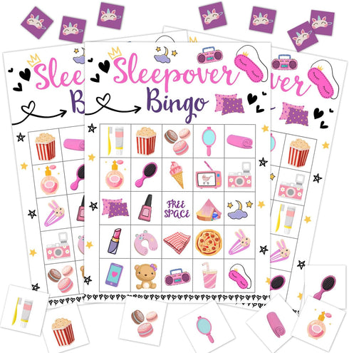 Sleepover Party Bingo Game, 24 Player Pajama Bingo Cards Set for Family Friend Activity, Sleepover Party Favor Decoration Holiday Supplies -a11...