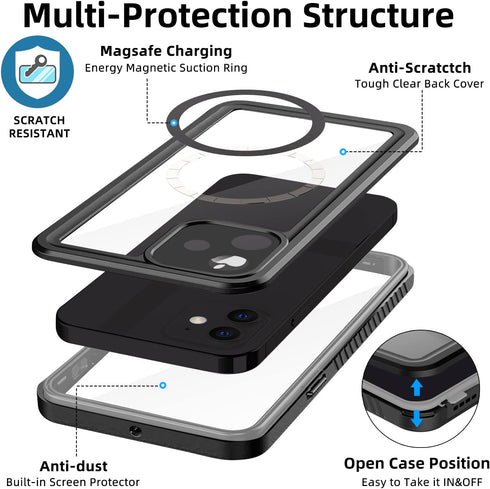 WIFORT for iPhone 12 Mini Waterproof Case with One Metal Ring Compatible with Magsafe Charger Accessories, Full Body Protective Cover Dustproof Sn...