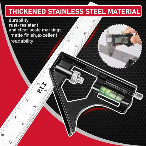 P.I.T. 12 Inch Combination Square, Multi-Purpose Square Tool, Heavy Duty Stainless Steel Ruler with Movable Bubble Level for Angle/Measuring Marks...