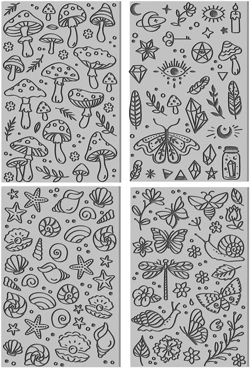 CHGCRAFT 4PCS Polymer Clay Texture Sheets Mushroom Clay Texture Mat Clay Sea Life Butterfly Dragon Pattern Pad Texture Sheets Clay Stamps Tools fo...