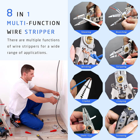 Wire Stripper Cutter Crimper Hexagonal Wrench Tool - 7 Inch, Professional Electrical Multi-Function Hand Tool, 9 in 1 Wire Stripping, Cutting, Cri...