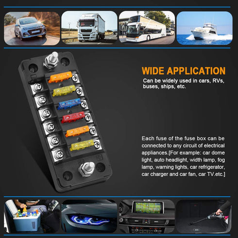 ELECTOP 6 Way Fuse Block Blade Fuse Box with Negative Bus, 6 Circuit Fuse Holder Fuse Block w/Negative Bus, Waterproof Protection Cover Sticker La...