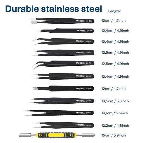MMOBIEL 10x Industrial Precision ESD Tweezers Anti-Static Stainless Steel for Electronics Tools, Jewelry, Computer, Laboratory Work, Crafts and Ho...