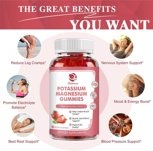 Potassium Magnesium Gummies - High Absorption Magnesium Glycinate 500mg & Potassium Citrate 200mg Plus Omega 3, B6, D3, K2 & Calcium - Chewable Gu...