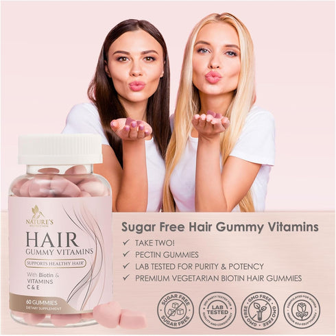 Sugar Free Hair Vitamins Gummies with Biotin 5000 mcg, Vitamin A, B12, C, D, E, Folic Acid, Supports Hair Growth Gummy, Vegetarian Friendly, Suppo...