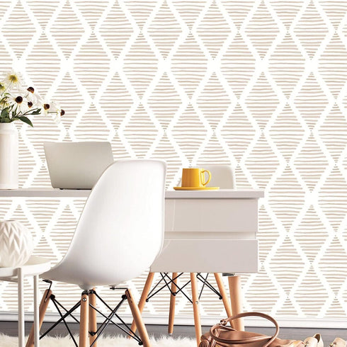 Yun-aeon 17.7" X 120" White and Beige Stripe Peel and Stick Wallpaper Modern Diamond Contact Paper Geometric Removable Wallpaper Self Adhesive Wal...
