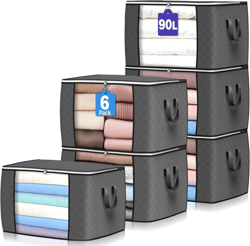 90 L Large Storage Bags, 6 Pack Clothes Storage Bins Foldable Closet Organizers Storage Containers with Reinforced Handle for Clothing, Blanket, C...