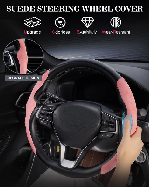 2Pcs Steering Wheel Cover Anti-Skid Segmented Car Accessories for Girls and Women?Leather Universal Fit Car Steering Wheel Cover (Pink)...