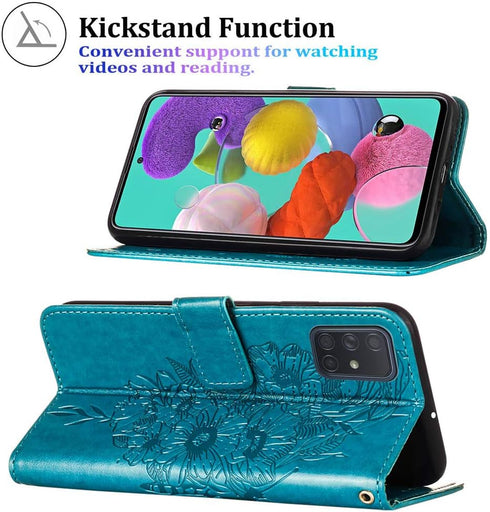 for Samsung Galaxy A51 Case Wallet, Butterfly Floral Embossed, Wrist Strap, Card Holder Slots, Stand Leather Protective Flip Phone Cover (Non 5G V...