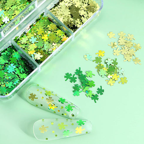 12 Grids St. Patrick’s Day Nail Glitters Sequins, Green Clover Nail Art Confetti 3D Holographic Shiny Nail Flakes Acrylic Irish Nail Art Supplies ...