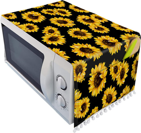 Microwave Oven Cover Dust Oil Proof Cloth Linen Machine Protector Decorative Kitchen Appliance Cover with Side Storage Pockets 11.8x35.4inches Sun...