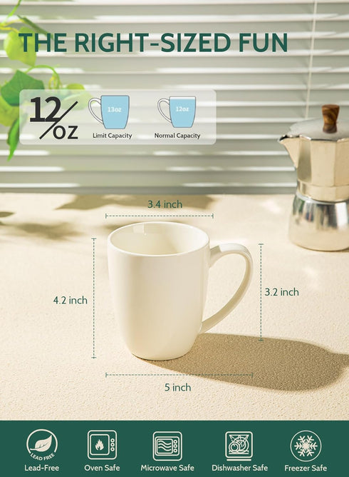 Sweese Porcelain Mugs - 12 Ounce for Coffee, Tea, Mocha and Mulled Drinks - Set of 6, White...