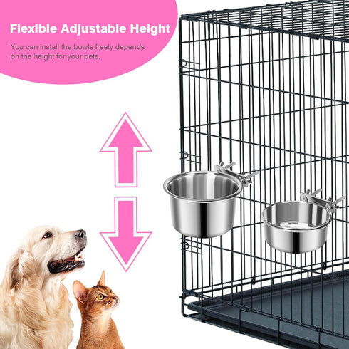 Pet Dog Food Water Bowl for Cage, Stainless Steel Non-Spill Kennel Hanging Cats Bowls with Clamp Holder Crate Feeder Dish for Small Medium Large D...