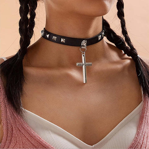 Olbye Cross Short Choker Necklace Black Leather Spike Studded Collar Necklace Goth Prayer Necklaces Punk PU Necklace Jewelry for Women and Girls R...
