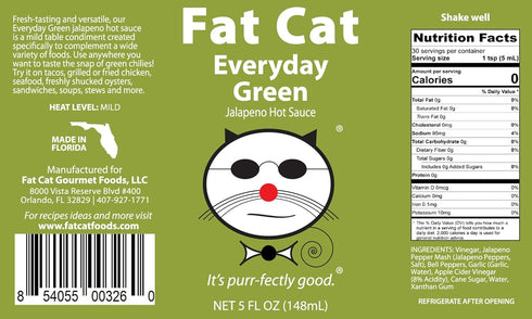 Everyday Green Jalapeno Pepper Hot Sauce by Fat Cat Gourmet | All Natural | Flavorful, Fresh and Versatile | Enhances Everyday Foods | Mild Heat |...