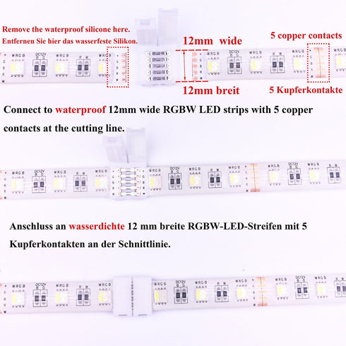 20pcs RGBW LED Strip Connector 5 pin 12mm Wide RGBW 5050 LED Tape Connector RGBW LED Ribbon Snap Down Connector 5-Conductor RGBW LED Rope Connecto...