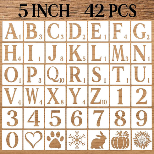 5 Inch Letter Stencils Numbers Craft Stencils, 42 Pcs Reusable Plastic Alphabet Drawing Templates for Painting on Wood, Wall, Fabric, Rock, Signag...
