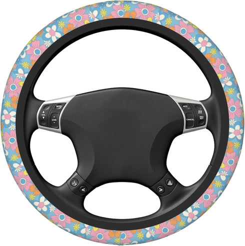 Cute Retro Groovy Flower Boho Hippie Steering Wheel Cover for Women Girls Car Decorations Auto Steering Wheel Cover Universal 15 Inch Fit...