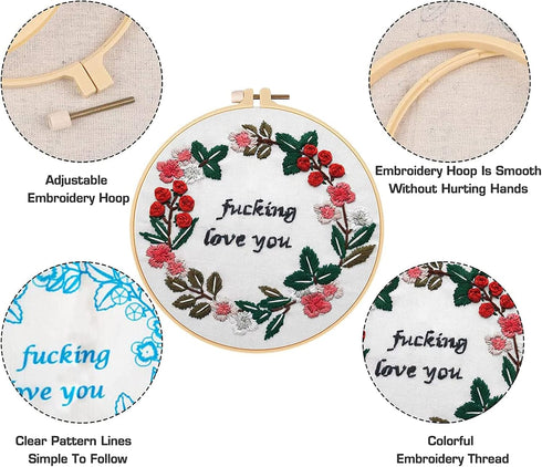 Nuberlic Embroidery Starter Kit Cross Stitch for Adults Beginner Printed Embroidery Starters Kits with Pattern for Kids Crafts Embroidery Hoops Fl...