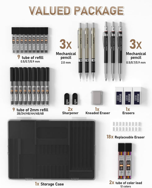 Nicpro 35PCS Art Mechanical Pencil Set, 3 PCS Metal Drafting Pencil 0.5 mm & 0.7 mm & 0.9 mm & 3 PCS 2mm Lead Holder (6B 4B 2B HB 2H 4H Colors) Fo...