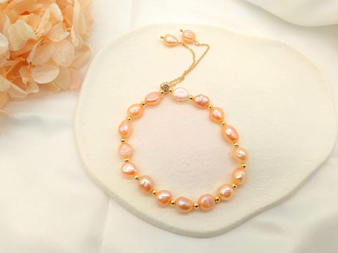 Pearl Bracelets for Women, Irregular Shape Pink Baroque Freshwater Pearls Gold Adjustable Slider Bracelet for Bride Bridesmaid Gift...