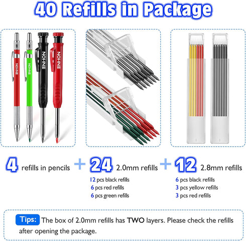 Enhon Mechanical Pencil Set with 4 Carpenter Pencils and 40 Construction Pencil Refill, Woodworking Tools for Carpenters, Long Head Deep Hole Mark...