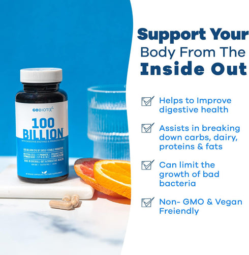 GOBIOTIX 100 Billion - Digestive Enzymes Supplement - Probiotics Multivitamin - Prebiotic Fiber Blend - 100 Billion CFU - Organic Fruit and Greens...