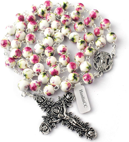 HanlinCC 8mm Round Ceramic Beads with Flower Painting Catholic Rosary Necklace with Maria Center piece and Flower Cross with Leather Gift Box...