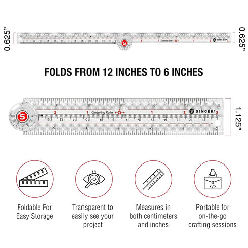 SINGER 12-Inch Folding Ruler with Precision Marking & Zero-Centering for Sewing, Quilting, Crafting & Patternmaking - Clear Metric Ruler - 15 Incr...