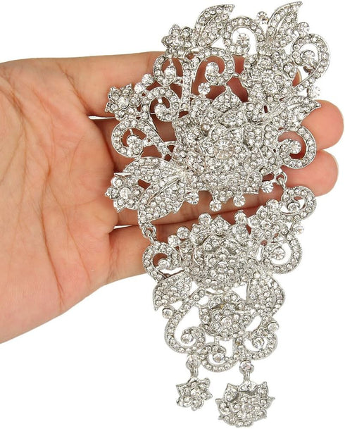EVER FAITH Bridal 6 Inch Silver-Tone Flower Austrian Crystal Leaf Vine Brooch Clear...