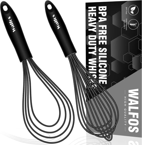 Walfos Whisk 11inch Flat Whisks and 10inch Balloon Whisk Combo,Silicone whisks for cooking,Non Scratch Coated Wisk,Suitable for Ceramic Coated pan...